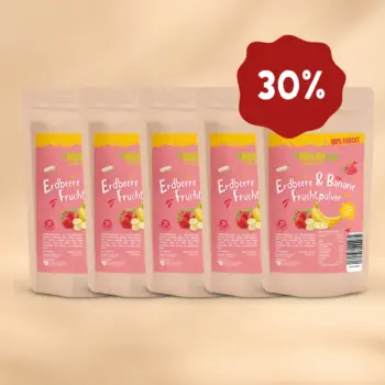 Hier ist ein Produktbild des Angebots 5 x 100 Gramm Fruchtpulver Erdbeer-Banane-Mix-30-Prozent-Rabatt