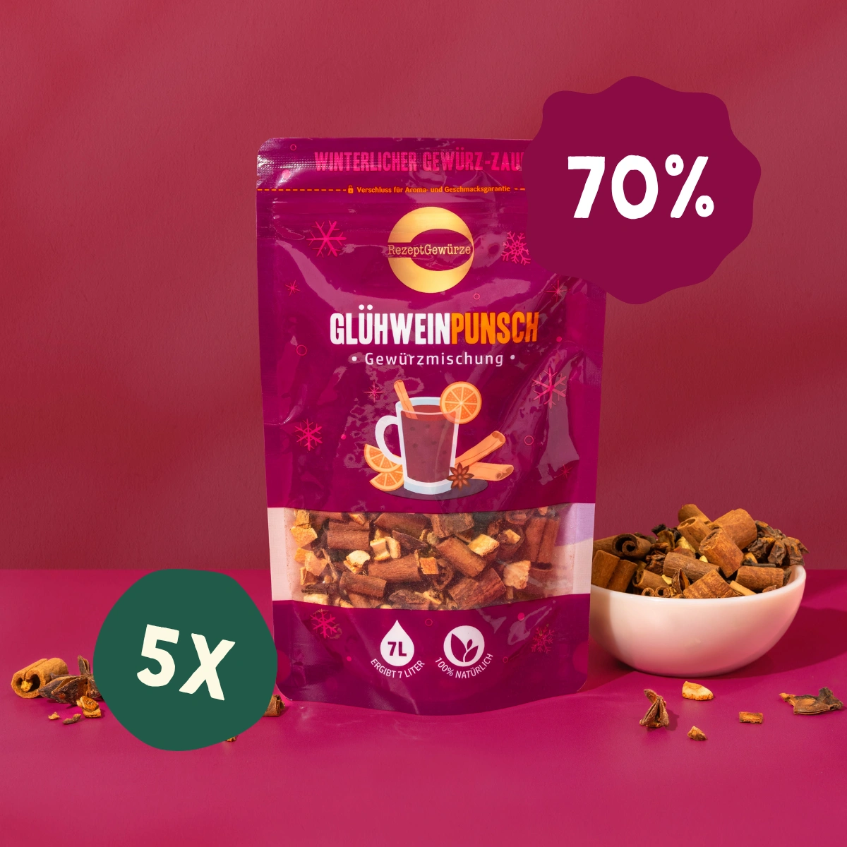 Hier ist ein Produktbild vom 5er-Pack je 100g Punsch- und Glühweingewürz von NutriPur. Jetzt 70 Prozent Rabatt