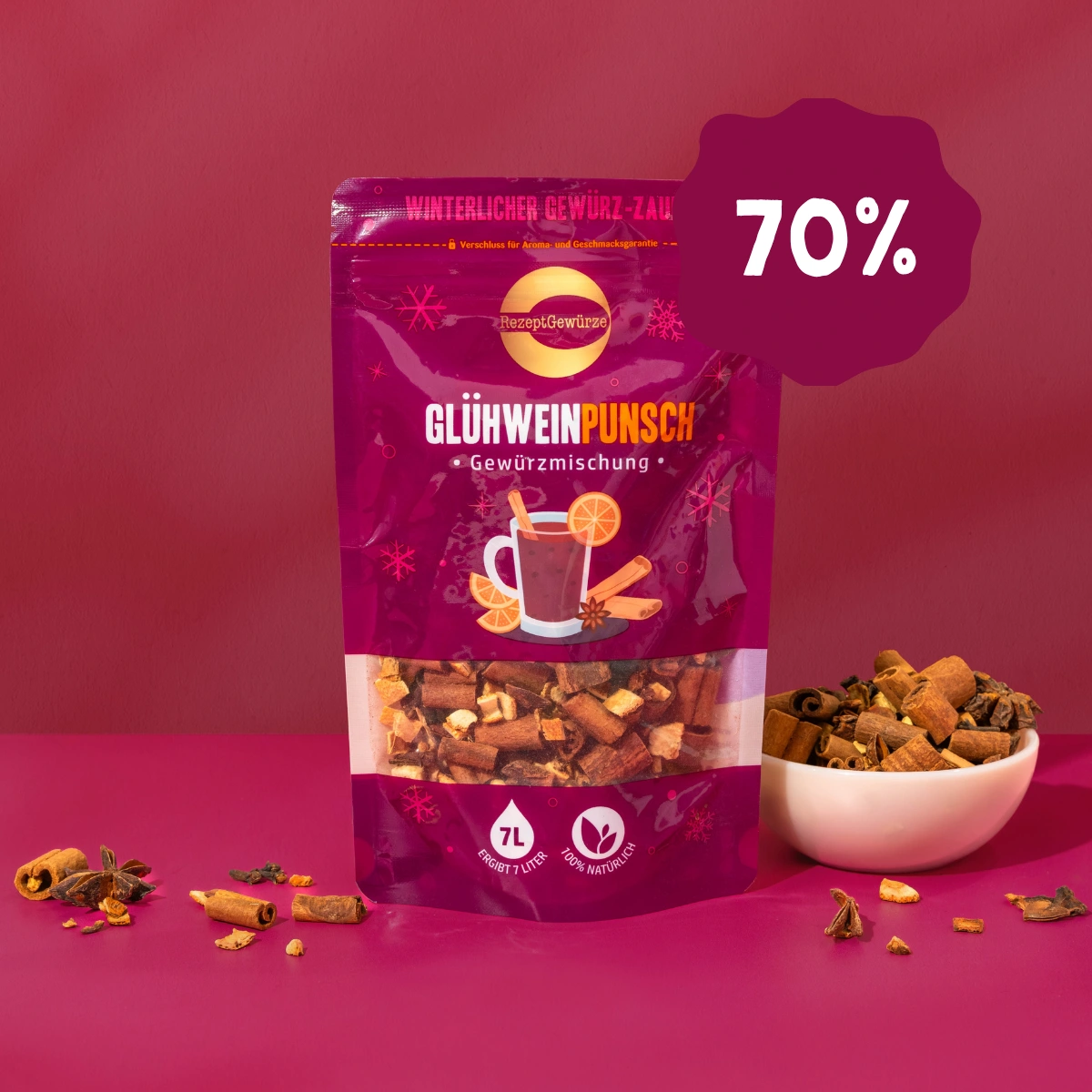 Hier ist ein Produktbild vom Bio Punsch- und Glühweingewürz von NutriPur. Jetzt 70 Prozent Rabatt