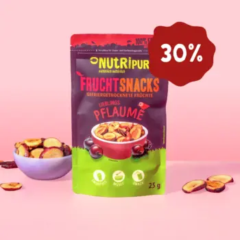 Hier ist ein Produktbild der gefriergetrockneten Pflaumen von NutriPur. jetzt 30 Prozent Rabatt