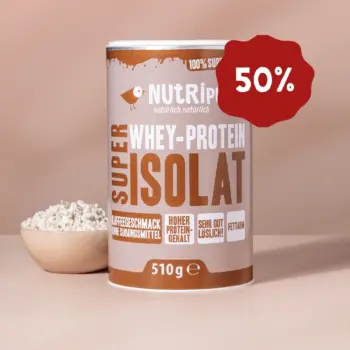 Hier ist ein Produktbild des Super Isolat Whey Proteinpulvers Kaffee- 50% Rabatt auf 510g-Dose