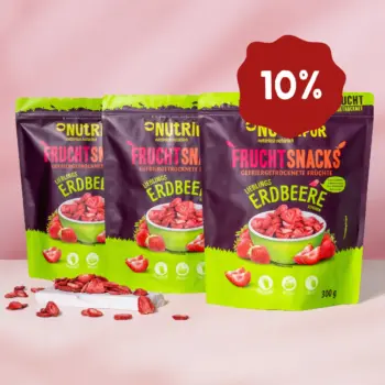 Hier ist ein Produktbild der gefriergetrockneten Erdbeeren im dreier Set (3x300 Gramm)
