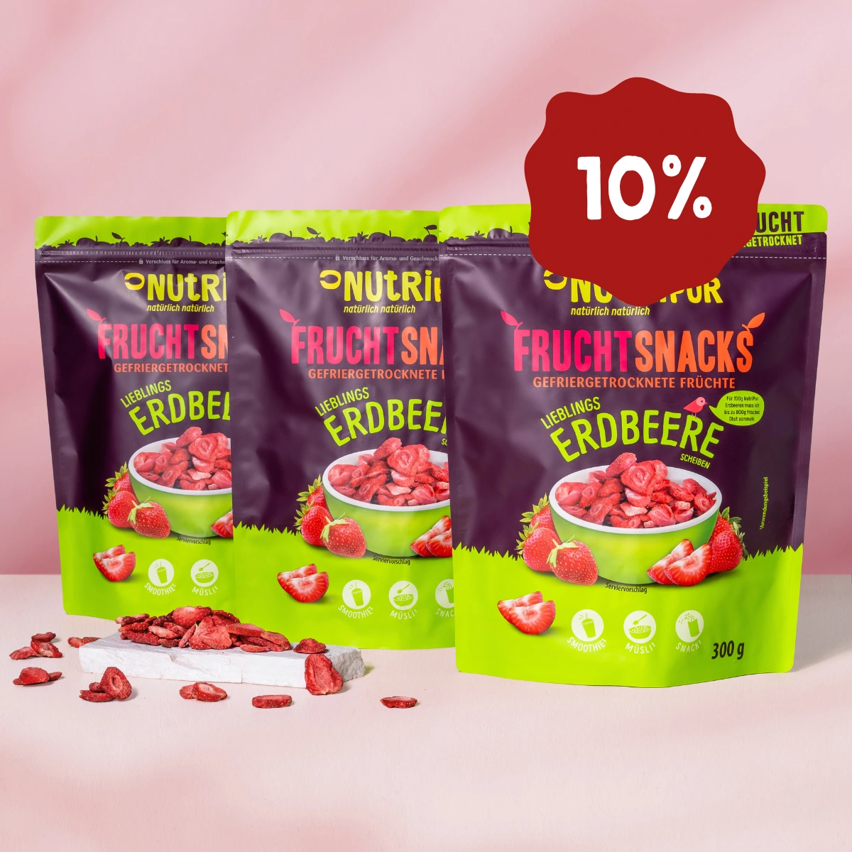 Hier ist ein Produktbild der gefriergetrockneten Erdbeeren im dreier Set (3x300 Gramm)