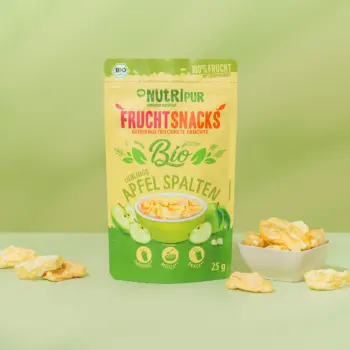 Hier ist ein Produktbild der gefriergetrockneten Bio-Apfelspalten von NutriPur