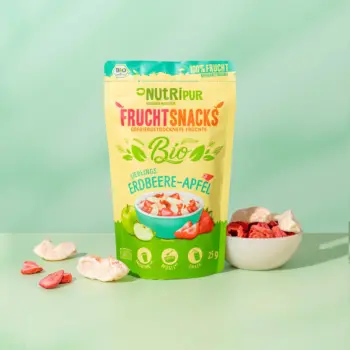 Hier ist ein Produktbild der gefriergetrockneten Bio-Lieblinge Erdbeer & Apfel von NutriPur