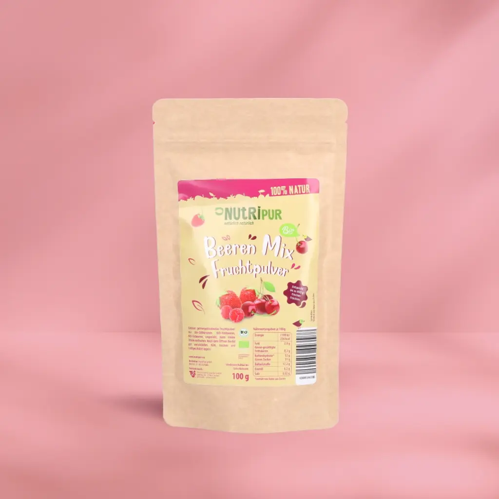 Hier ist ein Produktbild des gefriergetrockneten Bio-Fruchtpulvers Rote Beeren Mix von NutriPur
