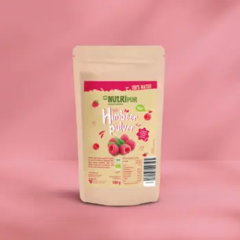Hier ist ein Produktbild des gefriergetrockneten Bio-Himbeer-Fruchtpulvers von NutriPur