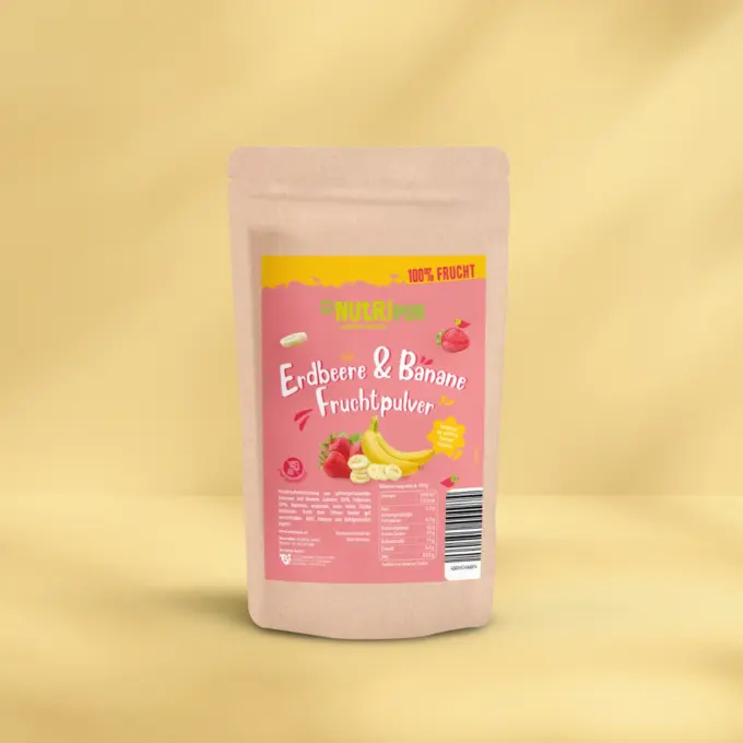 Hier ist ein Produktbild des gefriergetrockneten Fruchtpulvers Erdbeer-Banane von Nutripur