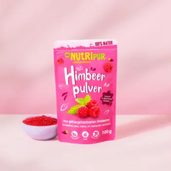 Hier ist ein Produktbild des gefriergetrockneten Fruchtpulvers Himbeere von Nutripur