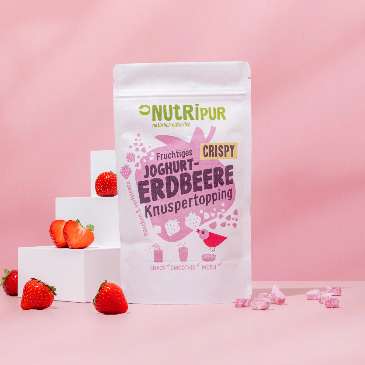 Detailbild der Verpackung und des Joghurt-Erdbeer Knuspertoppings
