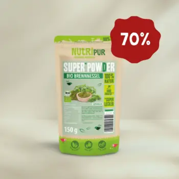 Hier ist ein Produktbild vom SuperPowder Bio Brennnessel-Pulver von NutriPur. Jetzt 70 Prozent Rabatt