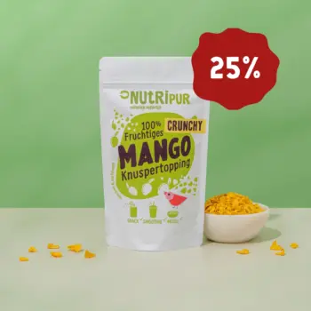 Hier ist ein Produktbild des Crunchy Mango Knuspertoppings von Nutripur. Jetzt 25 Prozent Rabatt