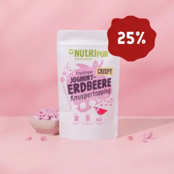Hier ist ein Produktbild des Joghurt-Erdbeer Knuspertoppings von Nutripur. Jetzt 25 Prozent Rabatt