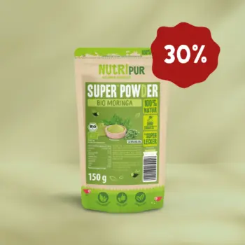 Hier ist ein Produktbild vom SuperPowder Bio Moringa von NutriPur. Jetzt 30 Prozent Rabatt
