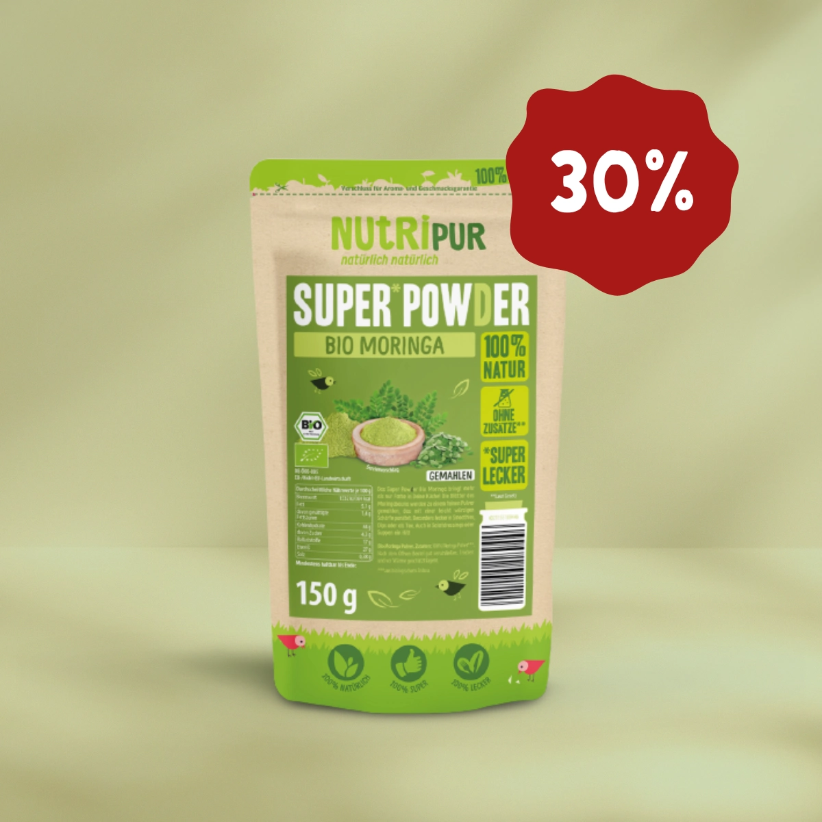 Hier ist ein Produktbild vom SuperPowder Bio Moringa von NutriPur. Jetzt 30 Prozent Rabatt