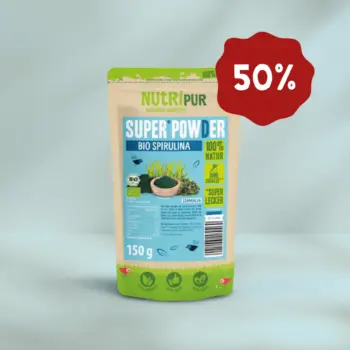Hier ist ein Produktbild vom SuperPowder Bio Spirulina von NutriPur. Jetzt 50 Prozent Rabatt.