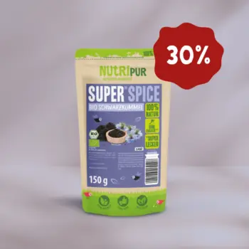 Hier ist ein Produktbild vom SuperSpice Bio-Schwarzkümmel (ganz) von NutriPur. Jetzt 30 Prozent Rabatt